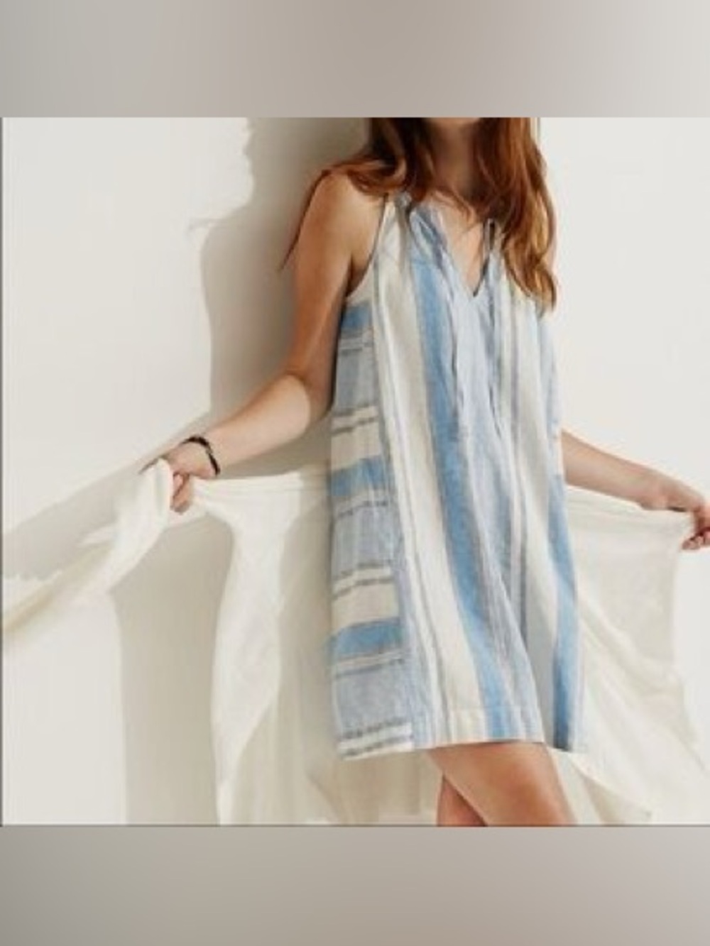 Lou & Grey Linen Blend Blue and White Striped Shift Dress Summer Beach L